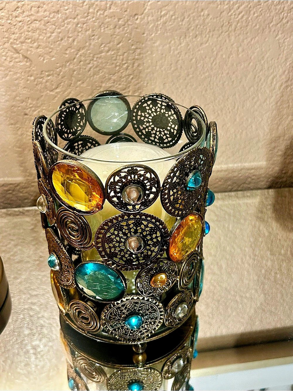 Jeweled Decorative Candle Holder in Brown & Blue
